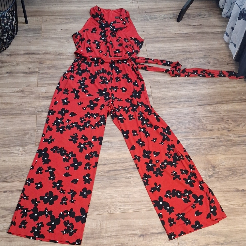 Tahari Red and Black Floral Jumpsuit